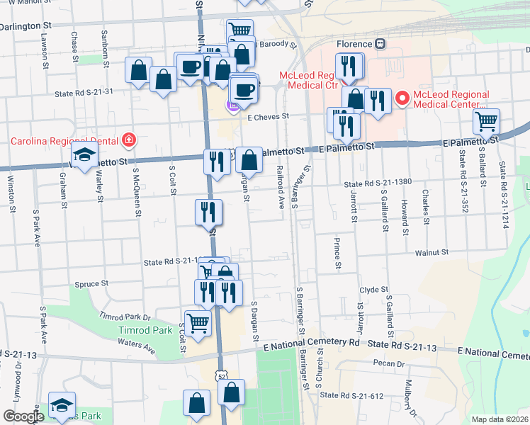 map of restaurants, bars, coffee shops, grocery stores, and more near 415 Railroad Avenue in Florence