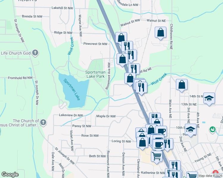 map of restaurants, bars, coffee shops, grocery stores, and more near 1425 Mitchell Road Northwest in Cullman