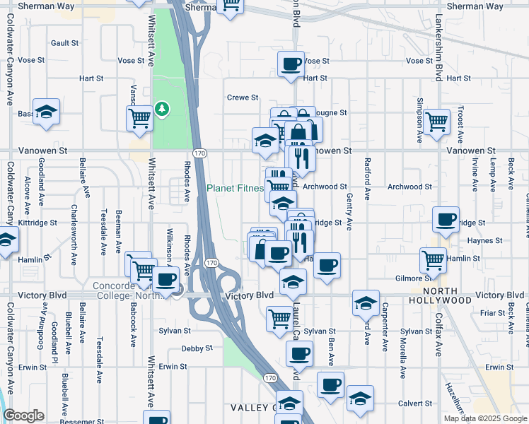 map of restaurants, bars, coffee shops, grocery stores, and more near 6618 Bellingham Avenue in Los Angeles