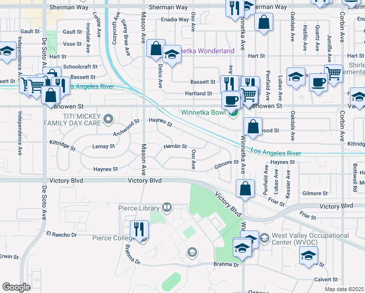 map of restaurants, bars, coffee shops, grocery stores, and more near 20331 Hamlin Street in Los Angeles