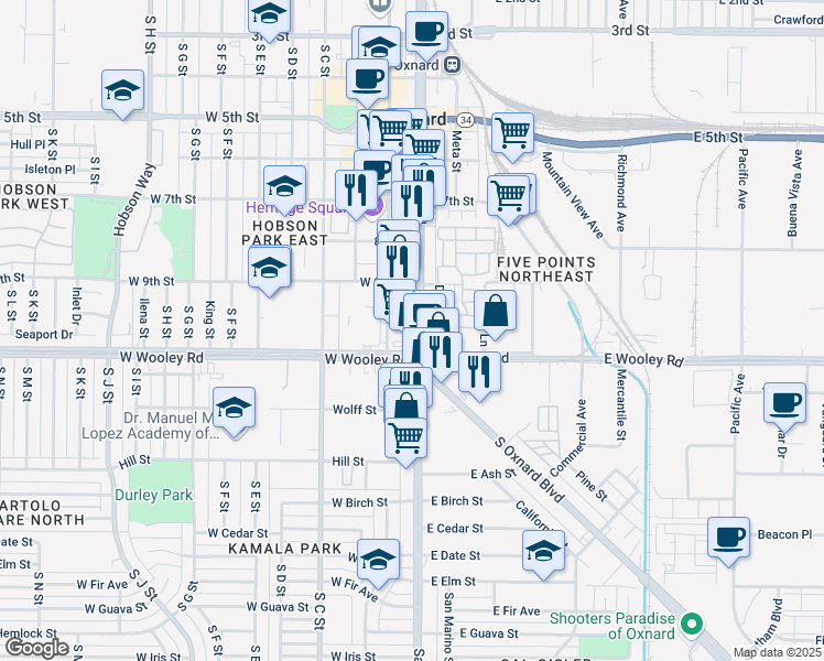 map of restaurants, bars, coffee shops, grocery stores, and more near 1041 South Oxnard Boulevard in Oxnard