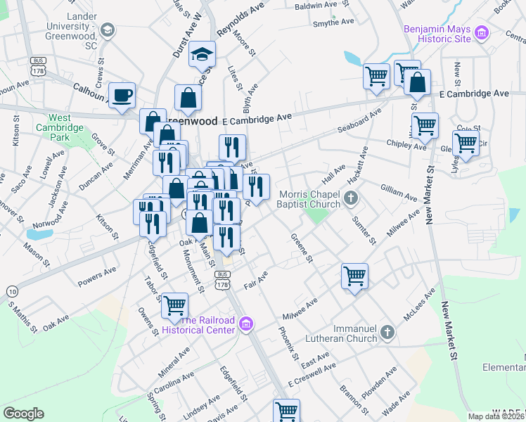 map of restaurants, bars, coffee shops, grocery stores, and more near 239 Magnolia Avenue in Greenwood