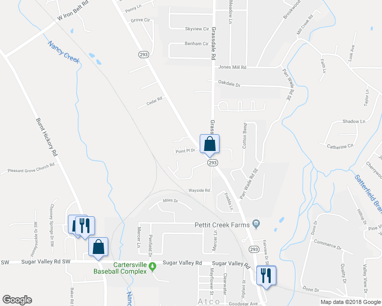 map of restaurants, bars, coffee shops, grocery stores, and more near 35 Point Place Drive in Cartersville