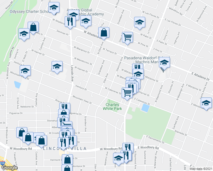 map of restaurants, bars, coffee shops, grocery stores, and more near 2654 Glen Avenue in Altadena