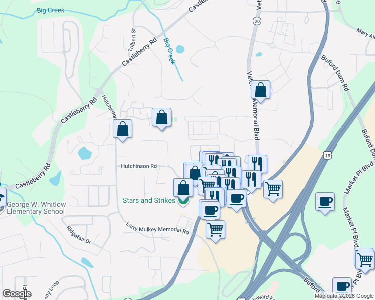 map of restaurants, bars, coffee shops, grocery stores, and more near 421 Jasmine Court in Cumming