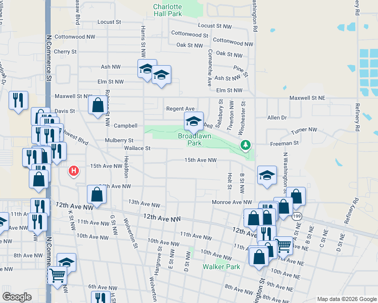 map of restaurants, bars, coffee shops, grocery stores, and more near 508 Wallace Northwest in Ardmore