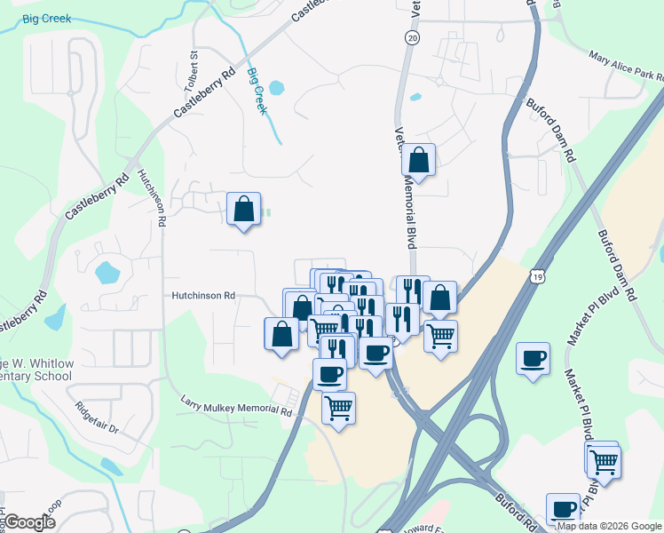 map of restaurants, bars, coffee shops, grocery stores, and more near 518 Dragonfly Court in Cumming