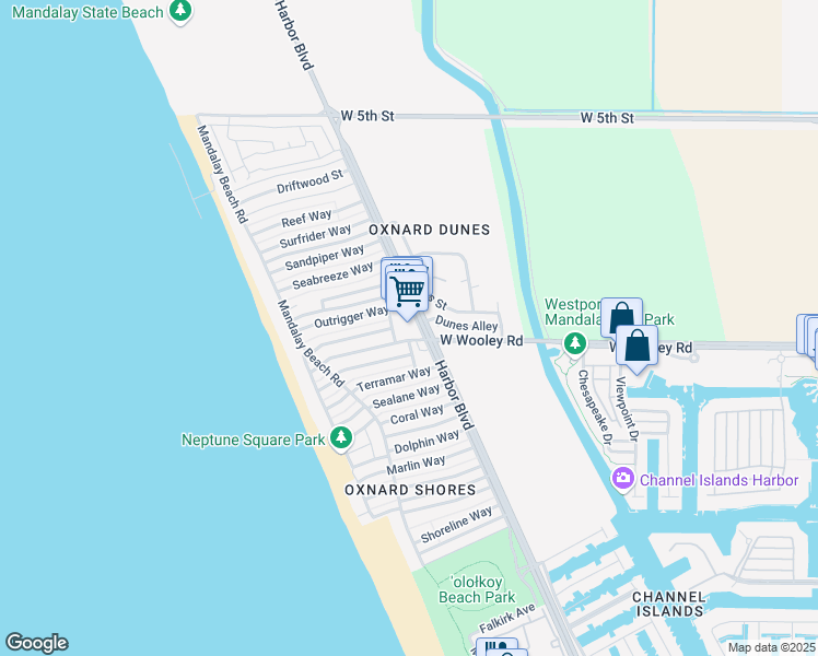 map of restaurants, bars, coffee shops, grocery stores, and more near 1035 Harbor Boulevard in Oxnard