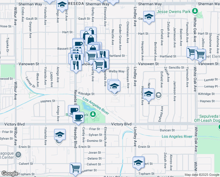 map of restaurants, bars, coffee shops, grocery stores, and more near 6619 Nestle Avenue in Los Angeles
