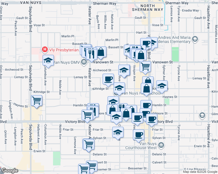 map of restaurants, bars, coffee shops, grocery stores, and more near 14751 Kittridge Street in Los Angeles