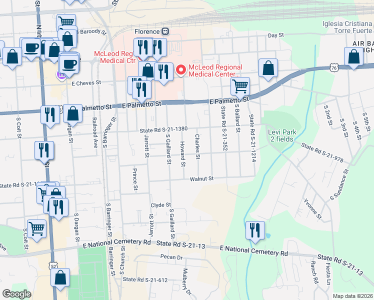 map of restaurants, bars, coffee shops, grocery stores, and more near 423 Charles Street in Florence