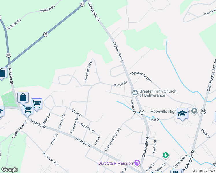 map of restaurants, bars, coffee shops, grocery stores, and more near 205 Sunset Drive in Abbeville