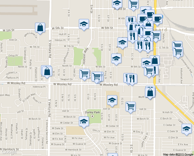 map of restaurants, bars, coffee shops, grocery stores, and more near 1024 South H Street in Oxnard