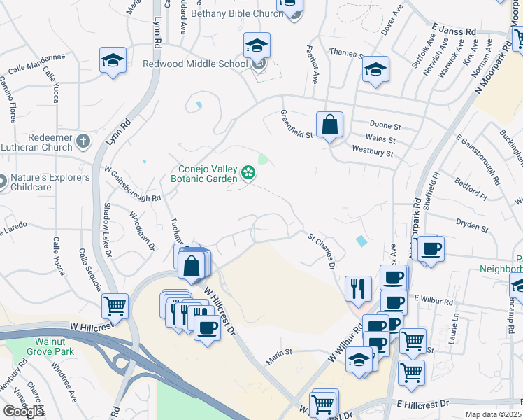 map of restaurants, bars, coffee shops, grocery stores, and more near 286 Oak Leaf Drive in Thousand Oaks