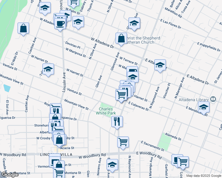 map of restaurants, bars, coffee shops, grocery stores, and more near 122 West Harriet Street in Altadena