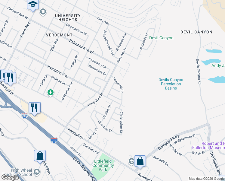 map of restaurants, bars, coffee shops, grocery stores, and more near 6038 Maclay Street in San Bernardino
