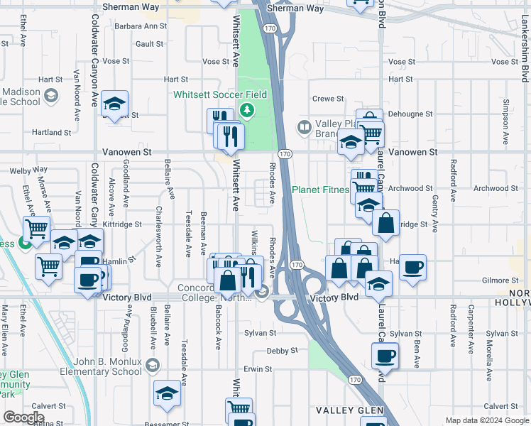 map of restaurants, bars, coffee shops, grocery stores, and more near 12436 Lemay Street in Los Angeles