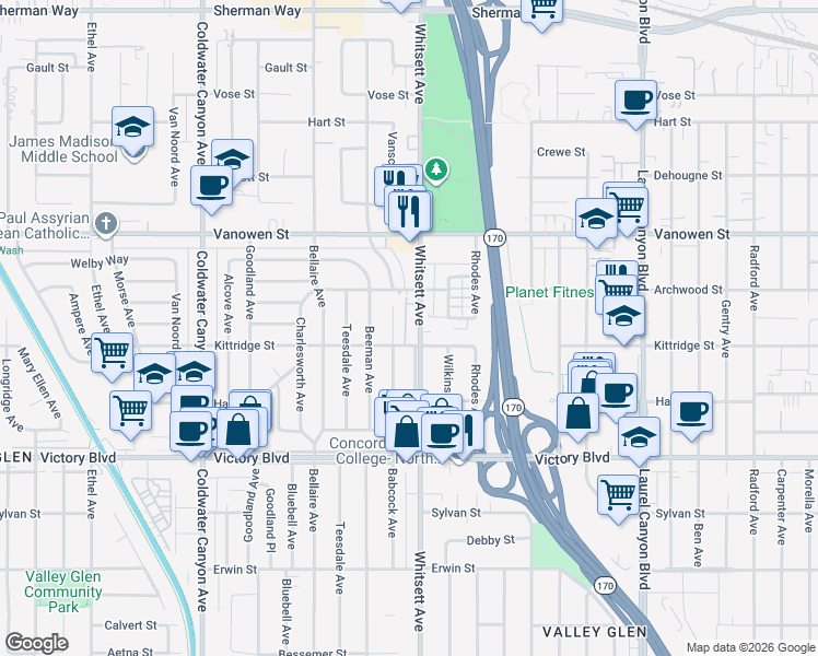 map of restaurants, bars, coffee shops, grocery stores, and more near 6623 1/2 Whitsett Avenue in Los Angeles