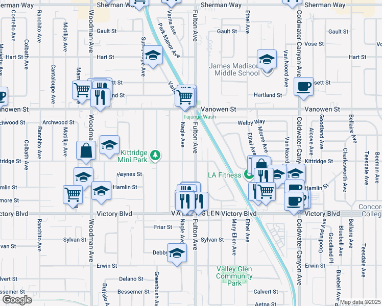 map of restaurants, bars, coffee shops, grocery stores, and more near 6626 Nagle Avenue in Los Angeles