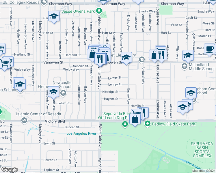 map of restaurants, bars, coffee shops, grocery stores, and more near 17648 Lemay Place in Los Angeles