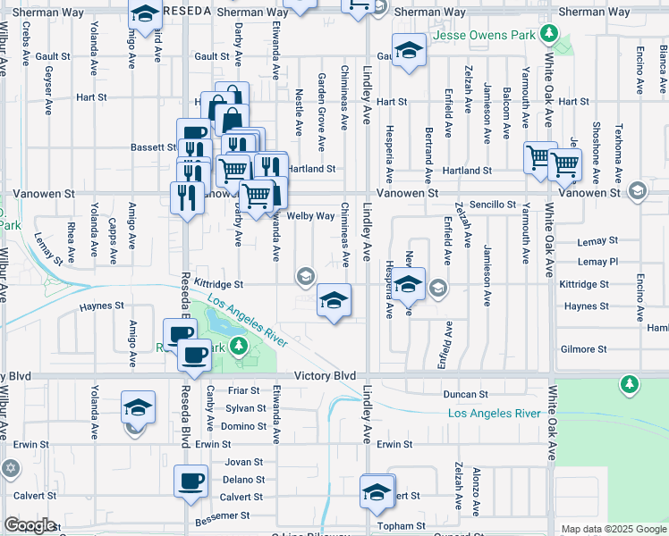 map of restaurants, bars, coffee shops, grocery stores, and more near 6621 Chimineas Avenue in Los Angeles