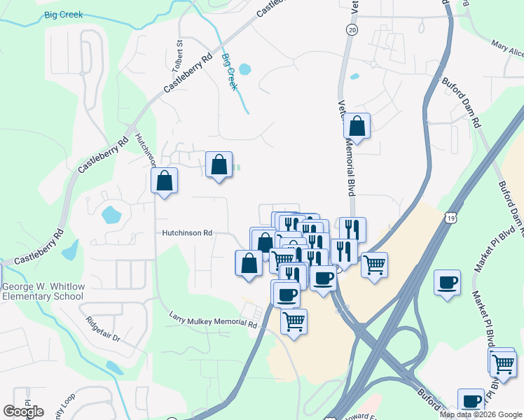 map of restaurants, bars, coffee shops, grocery stores, and more near 421 Jasmine Court in Cumming