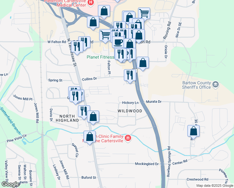 map of restaurants, bars, coffee shops, grocery stores, and more near 10 Piedmont Lane in Cartersville