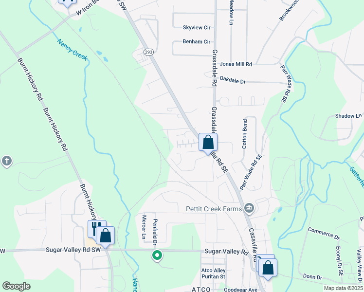 map of restaurants, bars, coffee shops, grocery stores, and more near 56 Point Place Drive in Cartersville