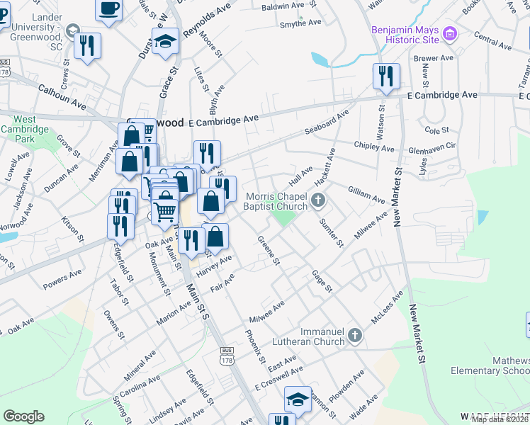 map of restaurants, bars, coffee shops, grocery stores, and more near 420 Byrd Street in Greenwood