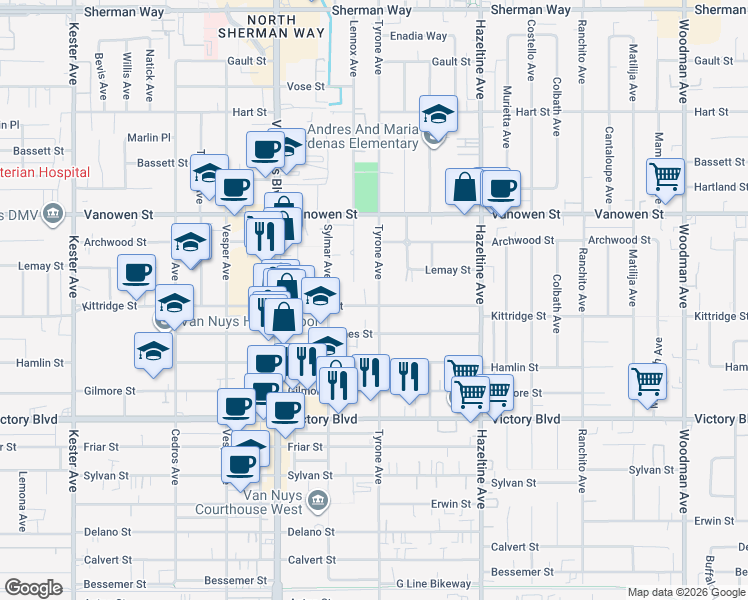 map of restaurants, bars, coffee shops, grocery stores, and more near 14305 Kittridge Street in Los Angeles