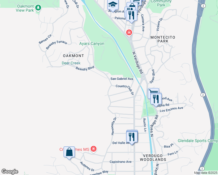 map of restaurants, bars, coffee shops, grocery stores, and more near 2967 Hermosita Drive in Glendale