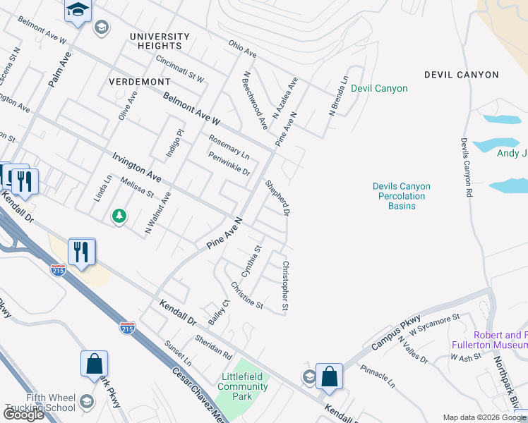 map of restaurants, bars, coffee shops, grocery stores, and more near 6038 Maclay Street in San Bernardino