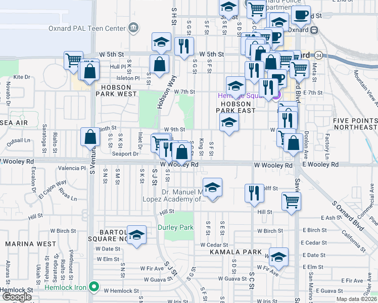 map of restaurants, bars, coffee shops, grocery stores, and more near 1025 North G Street in Oxnard