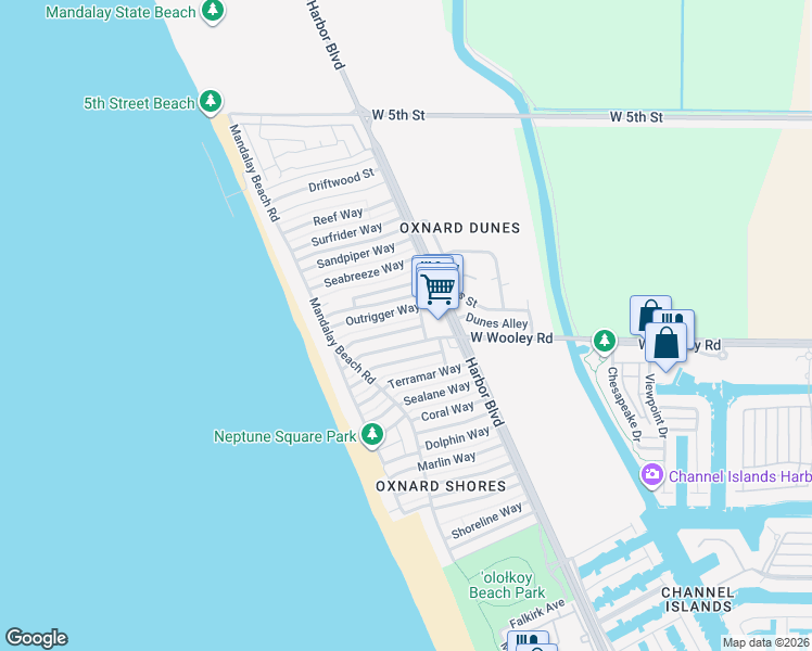 map of restaurants, bars, coffee shops, grocery stores, and more near 5121 Breakwater Way in Oxnard
