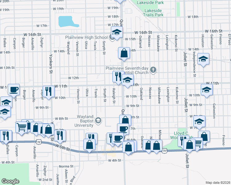 map of restaurants, bars, coffee shops, grocery stores, and more near 1004 Raleigh Street in Plainview
