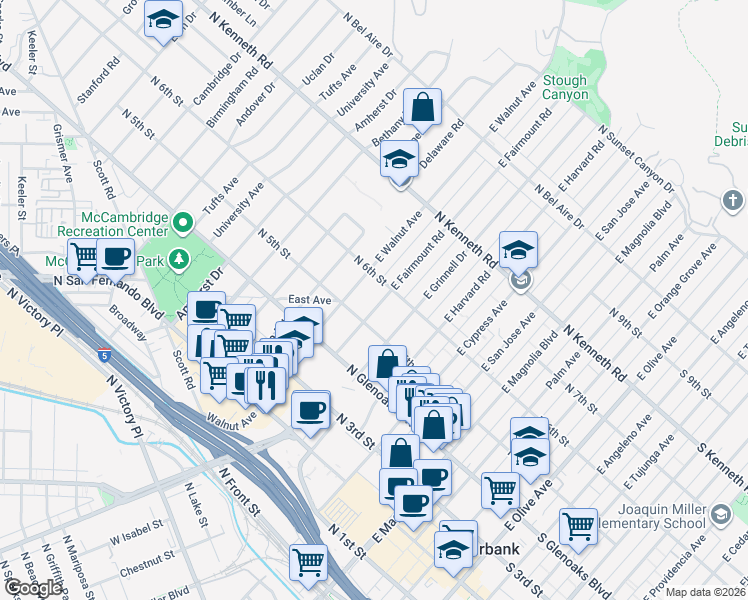 map of restaurants, bars, coffee shops, grocery stores, and more near 523 East Fairmount Road in Burbank