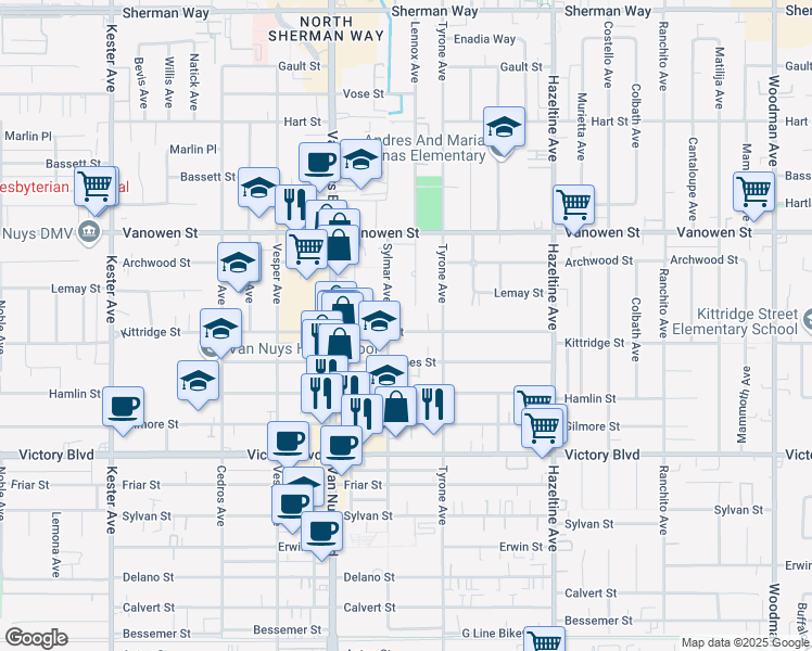 map of restaurants, bars, coffee shops, grocery stores, and more near 14351 Kittridge Street in Los Angeles