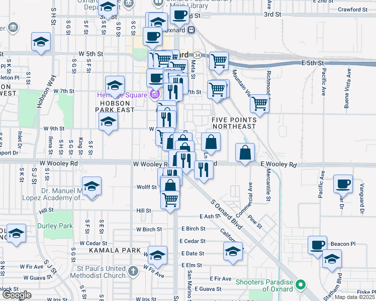 map of restaurants, bars, coffee shops, grocery stores, and more near 1012 Donlon Avenue in Oxnard