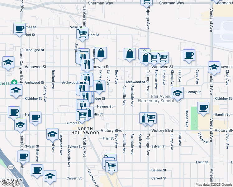 map of restaurants, bars, coffee shops, grocery stores, and more near 6624 Beck Avenue in Los Angeles