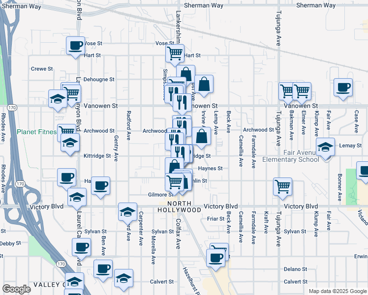 map of restaurants, bars, coffee shops, grocery stores, and more near 6606 Lankershim Boulevard in Los Angeles
