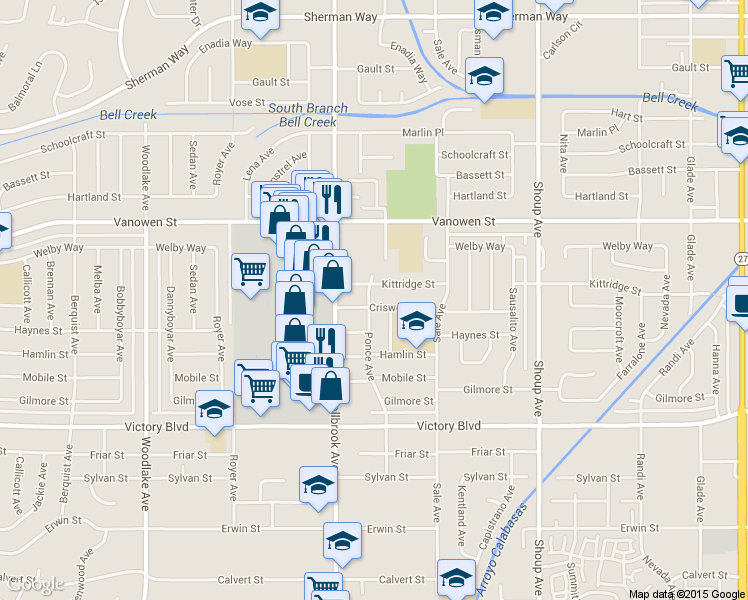 map of restaurants, bars, coffee shops, grocery stores, and more near 22677 Criswell Street in Los Angeles