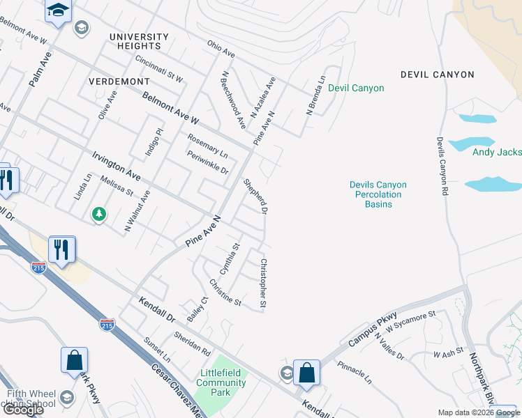map of restaurants, bars, coffee shops, grocery stores, and more near 6030 Shepherd Drive in San Bernardino