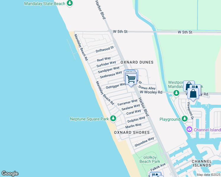 map of restaurants, bars, coffee shops, grocery stores, and more near 5246 Outrigger Way in Oxnard