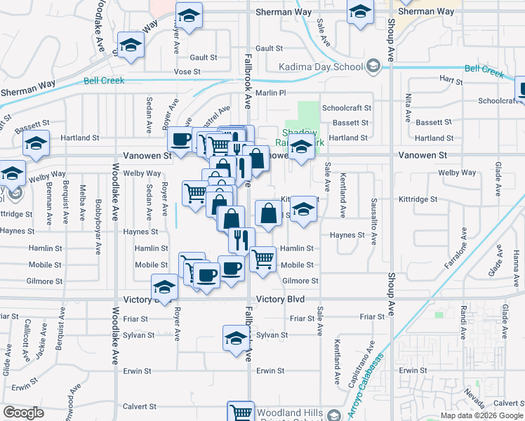 map of restaurants, bars, coffee shops, grocery stores, and more near 22719 Criswell Street in Los Angeles