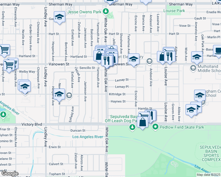 map of restaurants, bars, coffee shops, grocery stores, and more near 17648 Lemay Place in Los Angeles