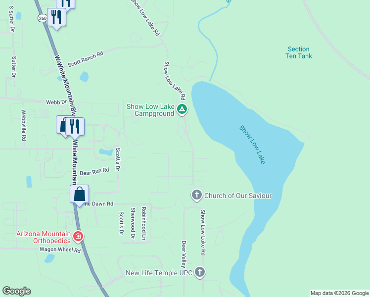 map of restaurants, bars, coffee shops, grocery stores, and more near 5596 Show Low Lake Road in Wagon Wheel