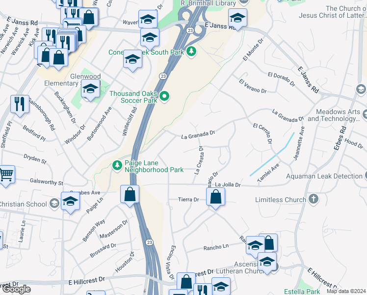 map of restaurants, bars, coffee shops, grocery stores, and more near 1239 La Peresa Drive in Thousand Oaks