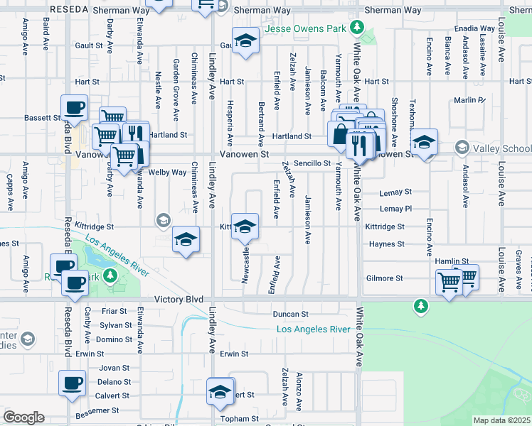 map of restaurants, bars, coffee shops, grocery stores, and more near 6620 Bertrand Avenue in Los Angeles