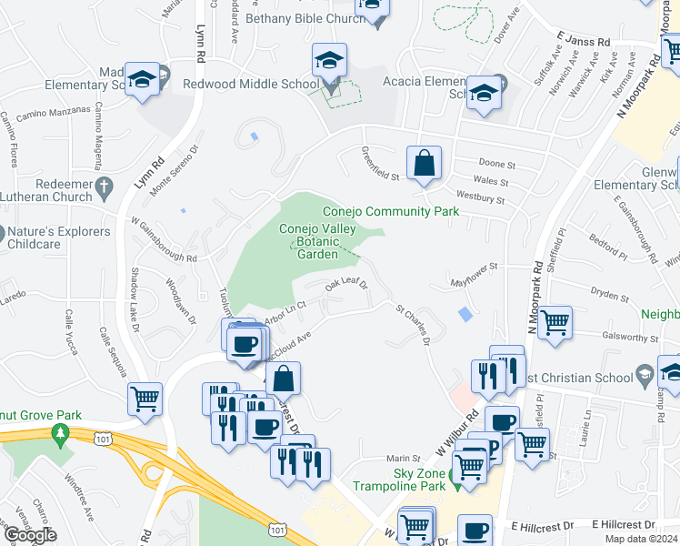 map of restaurants, bars, coffee shops, grocery stores, and more near 286 Oak Leaf Drive in Thousand Oaks