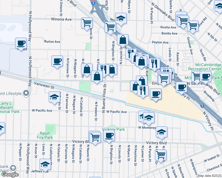 map of restaurants, bars, coffee shops, grocery stores, and more near 2350 Empire Avenue in Burbank